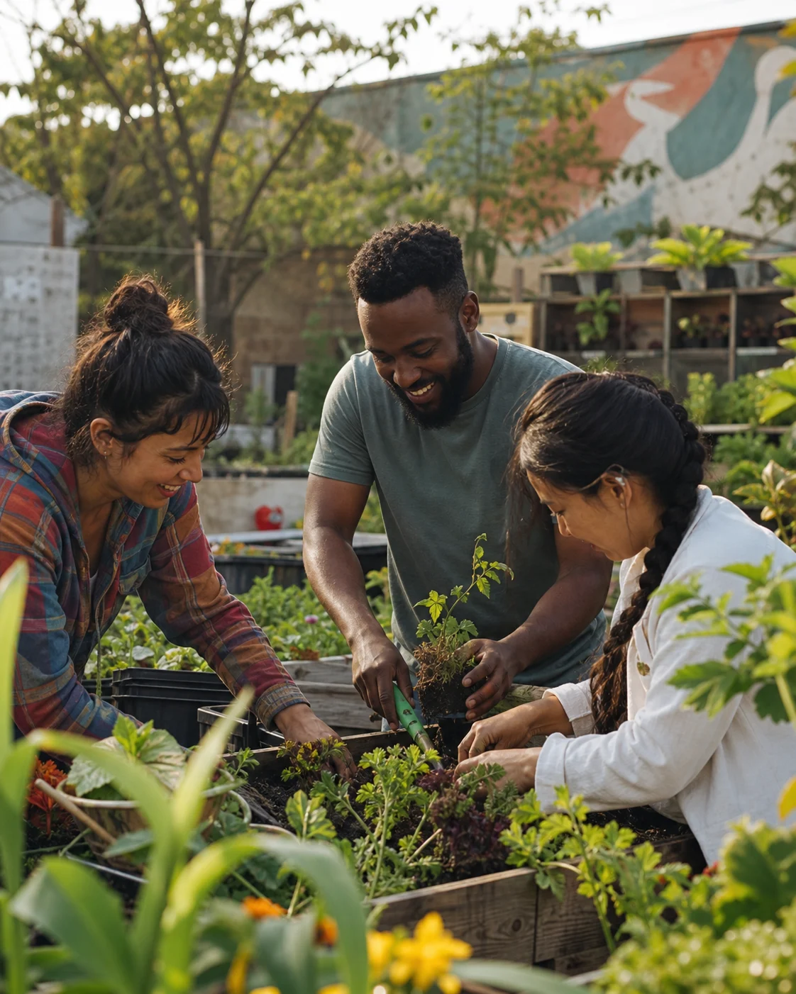 Neighbors planting together in a community garden