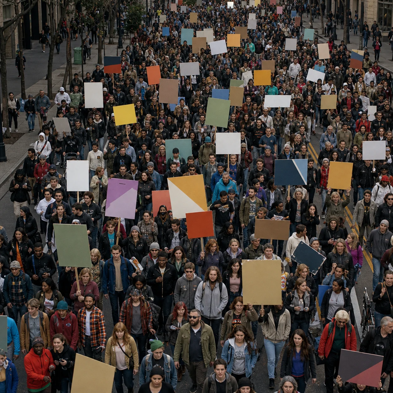 A large community marching together on a city street