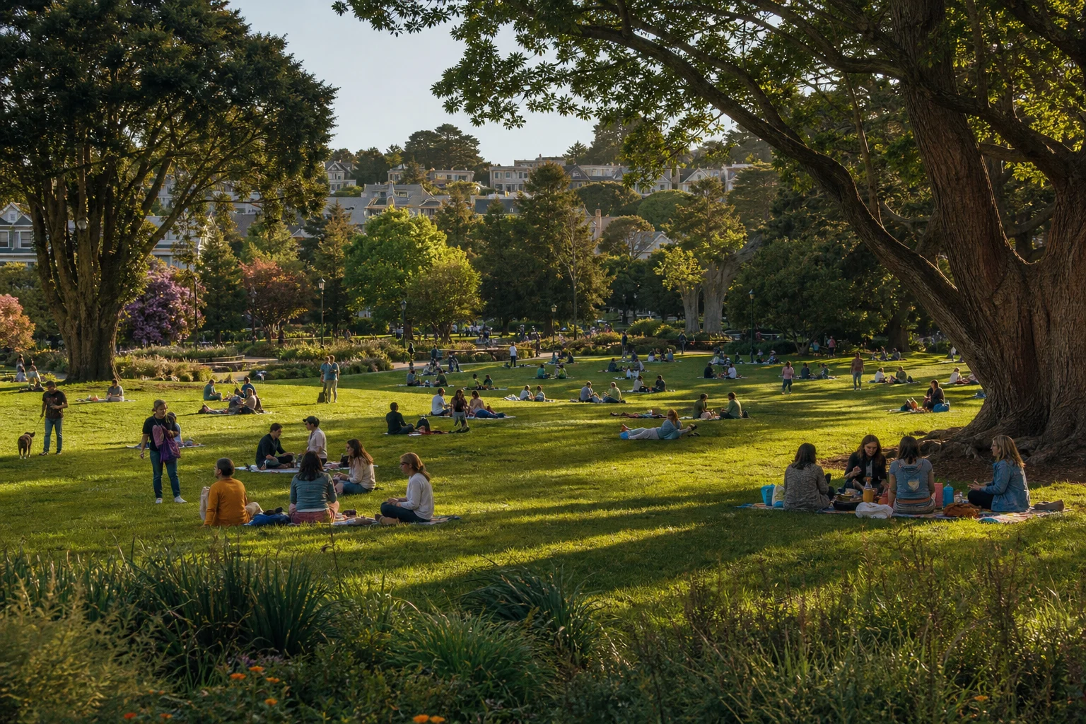Neighbors gathering throughout a sunlit public park